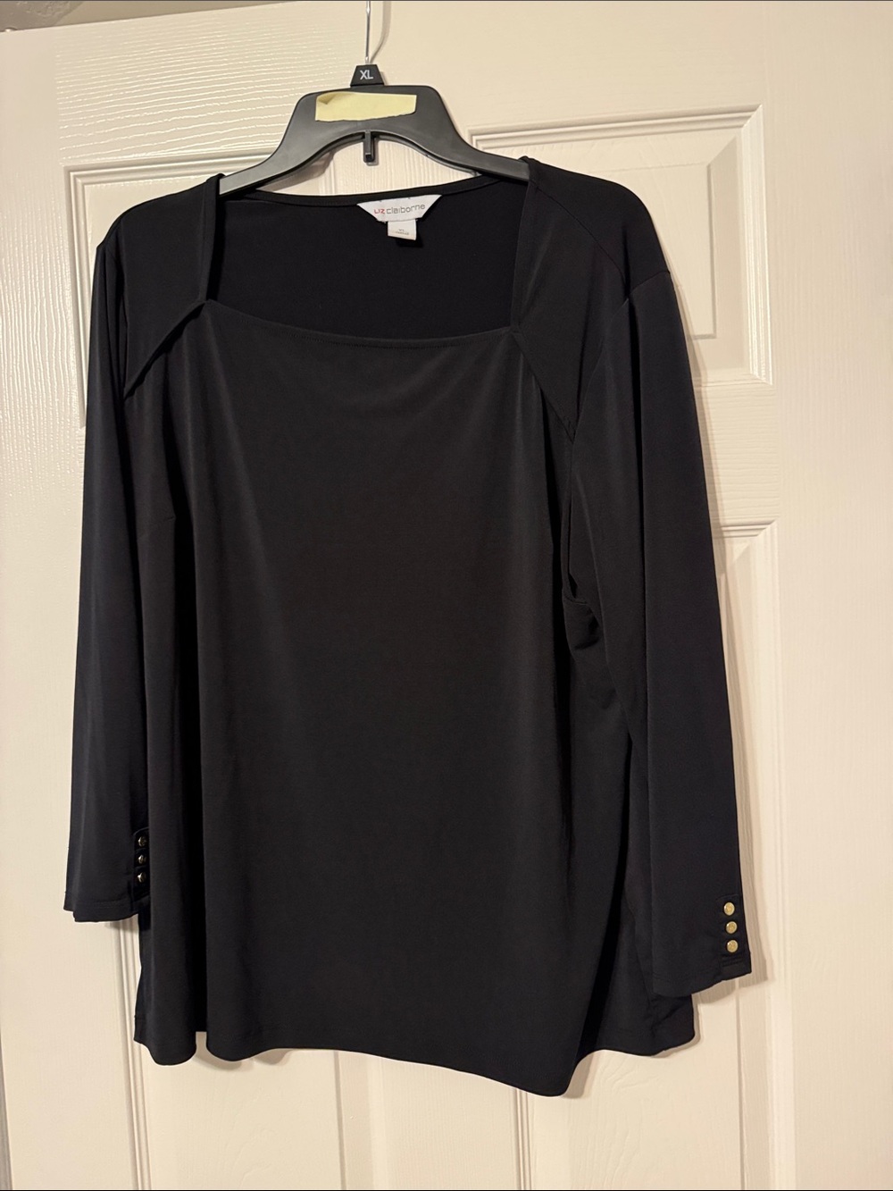 Liz Claiborne Black Long-Sleeve Square Neck Top with Gold Button Cuffs
